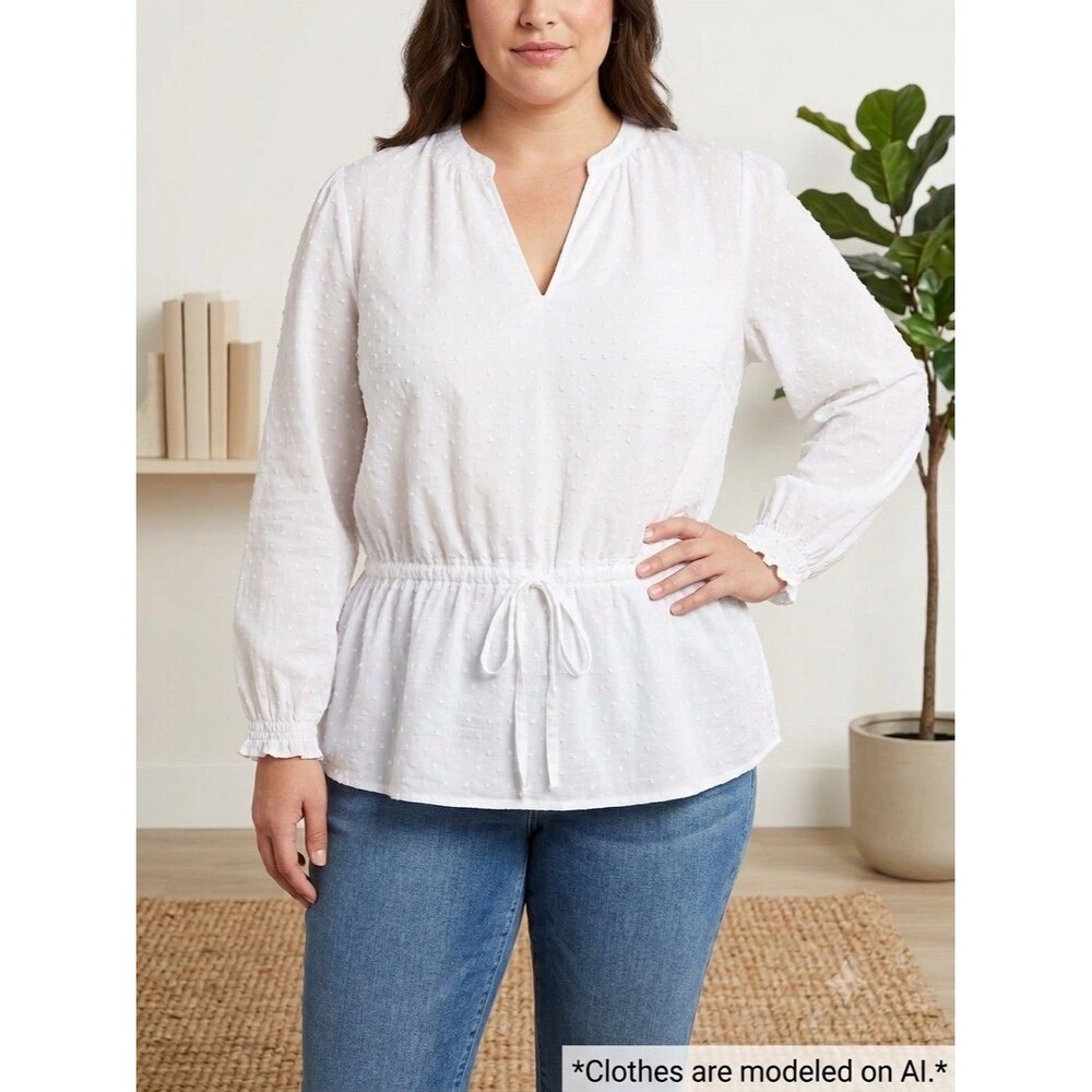 Women's White Textured V-Neck Tie Waist Woven Cotton Boho Peasant Blouse XL